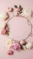 Mother's Day concept. Top view vertical photo of white empty circle fresh peony roses and sprinkles on isolated light pink background with blank space, generate ai