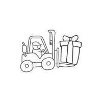 Hand drawn illustration vector graphic Kids drawing style funny cute forklift lifting a giant box gift in a cartoon style