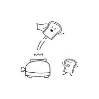 Hand drawn Hand drawn Kids drawing style funny toaster cute bread jumps like superman in a cartoon style vector