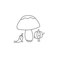 Hand drawn Kids drawing style funny vegetables taking shelter under mushroom isolates in a cartoon style vector