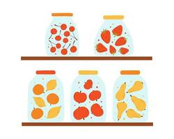 Shelf with homemade jams. Shelf with jars of homemade marmalade. Vector illustration. Flat style.