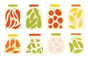 A set of homemade canned vegetables. Vector illustration in a flat style. Collection of jars with homemade pickles.