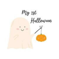 My first Halloween baby print for Halloween. Vector illustration isolated on white background. Kids print with ghost, pumpkin and lettering.