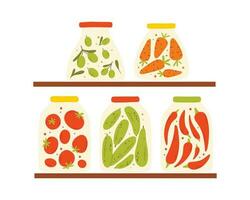 Shelf with homemade pickles. Rack with jars of canned vegetables. Vector illustration. Flat style.