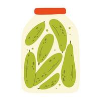 A jar of canned cucumber. Vector illustration of homemade pickle. Flat style. Hand-drawn jar with canned vegetables.