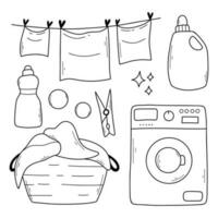 Set of laundry items in doodle style. Linear collection of laundry items. Vector illustration. Isolated elements on a white background.