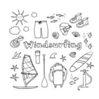 A set of icons of objects for windsurfing. Vector illustration, isolated symbols collection.