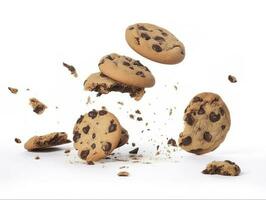 Tasty chocolate chip cookies falling isolated on white background, generate ai photo