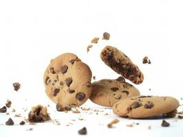 Tasty chocolate chip cookies falling isolated on white background, generate ai photo