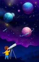 niño con telescopio mirando en planetas en espacio vector