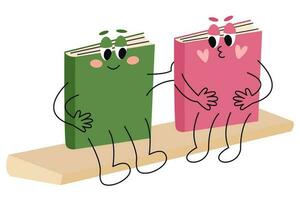 Books are sitting on a shelf and hugging. Vector flat cartoon character illustration icon design.
