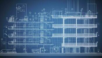 Building design concept. Engineering of the autonomous system of a smart building. Drafting of communications of house. Project development of apartment house. Architectural drawing, generate ai photo