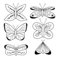 Set of butterflies in doodle style. Vector illustration isolated on white background. Collection of cute linear butterflies.