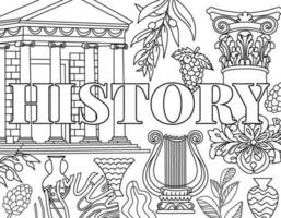 History. Ancient Greece Coloring page. Hand illustrations, Athens antique temple, Corinthian column, pillar. Beautiful drawing with patterns and small details. Coloring book picture vector