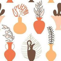 Seamless pattern with ancient pottery art. Ancient Greek clay elements, vases, amphoras, flowers, branches, leaves. Modern background. Decor, textile, wrapping paper, wallpaper print. White background vector