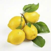 Branch of juicy lemons with leaves isolated on white background, generate ai photo