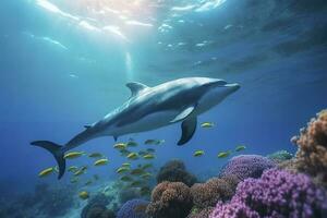 delfines nadando en el submarino, hermosa submarino y vistoso coral en el salvaje naturaleza de el Pacífico océano, generar ai foto