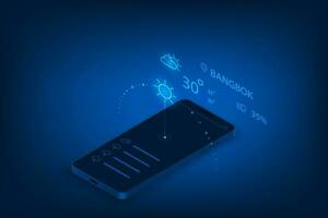 Vector isometric technology weather forecast application with mobile phone concept.