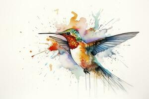 Create a beautiful painting of a hummingbird feeding on nectar watercolor painting, beautiful natural forms, crisp clean shapes, colorful, white background, generate ai photo