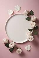 Mother's Day concept. Top view vertical photo of white empty circle fresh peony roses and sprinkles on isolated light pink background with blank space, generate ai