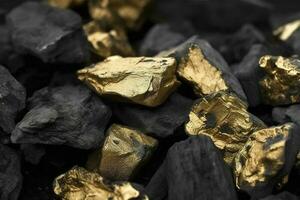 Shiny gold nuggets on coals, closeup view, generate ai photo