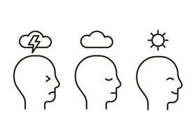 Mental health line icon. Head profile with stress, calm and positive mood. Face with storm, cloud and clear sky, sun. Control of mind, psychology. Vector