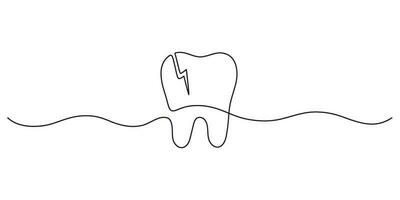 Cracked tooth, continuous art line drawing. Dentistry health of teeth. Destruction of integrity of tooth, fracture. Single hand drawn outline style. Vector illustration