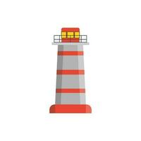 Lighthouse, tower for signal beacon. Building on sea coast landscape. Element in simple flat style. Sign of lighthouse for safety and tourism. Vector illustration