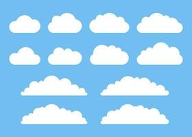 White cloud shape on blue sky set, weather icon. Simple flat style of different clouds. Graphic element collection for web and print. Vector illustration