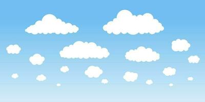 White cloud shape on blue sky background, weather. Simple flat style of different clouds. High environment. Vector illustration