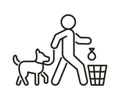 Clean waste in trash after dog, line icon. Pet owner throws bag with poop in trash bin, sign. Vector illustration