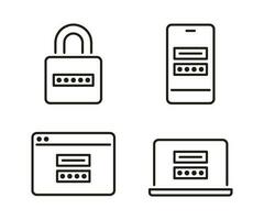 Security password, device lock technology, line icons set. Personal code on lock, smartphone, computer, account on site. Authorization security, secure key. Editable stroke. Vector sign