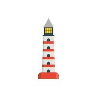 Lighthouse, tower for signal beacon. Building on sea coast landscape. Element in simple flat style. Sign of lighthouse for safety and tourism. Vector illustration