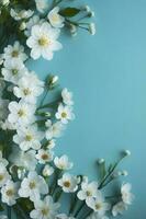 Beautiful spring border, blooming rose bush on a blue background. Flowering rose hips against the blue sky. Soft selective focus , generate ai photo