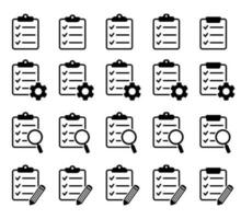 Clipboard icon. Checklist with gear, magnifier and pencil. Vector illustration.