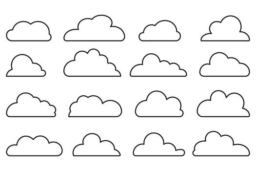 Clouds line art icon. Editable stroke. Storage solution element, databases, networking, software image, cloud and meteorology concept. Vector line art illustration isolated on white background.
