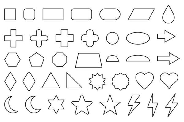 Basic shape outline set. Simple geometry shapes set. Geometric primitives icons. Editable stroke.