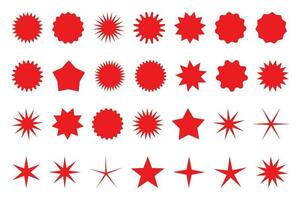 Set of red star or sun shaped sale stickers. Promotional sticky notes and labels. vector