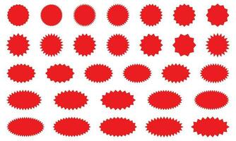 Starburst red sticker set - collection of special offer sale round and oval sunburst labels and buttons isolated on white background. Stickers and badges with star edges for promo advertising. vector