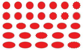 Starburst red sticker set - collection of special offer sale round and oval sunburst labels and buttons isolated on white background. Stickers and badges with star edges for promo advertising. vector