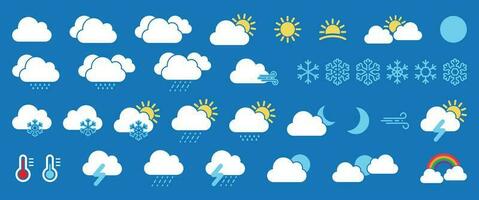 Weather forecast icon set, Weather flat icons collection. Meteorology symbols vector illustration.