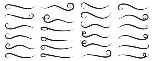 Swoosh and swash, swish vector icon, black underline set, hand drawn swirl and curly text elements. Doodle retro collection isolated on white background.