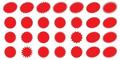 Set of red starburst, sunburst badges. Design elements - best for sale sticker, price tag, quality mark. Flat vector illustration isolated on white background.