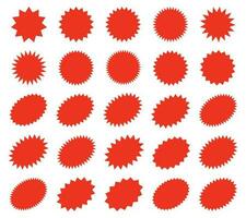 Starburst red sticker set - collection of special offer sale round and oval sunburst labels and buttons isolated on white background. Stickers and badges with star edges for promo advertising. vector