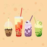 Bubble or boba tea in plastic and glass cups with straw and cap vector illustration isolated on pink background.