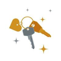 Golden and silver classic key on a ring with a heart on a keychain, isolated on white background with stars. Keys to my heart conseption. vector