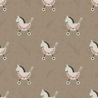 Vector seamless pattern with retro rocking kids toy beige horse with branches and decoration of hearts on a brown background.