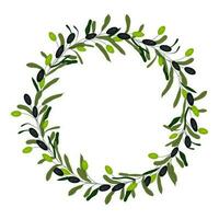 Green and black vector olive wreath isolated on white background. Olives are oil sign, healthy products, organic cosmetics, eco food, natural element.