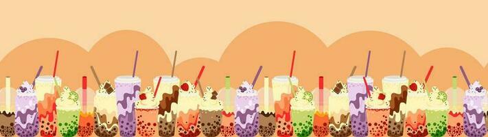 Bubble or boba tea in different cups vector seamless long banner isolated on pink background.