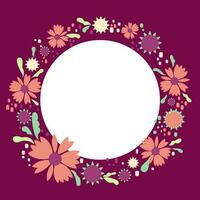 Bright summer floral vector frame with small plants as flowers, leaves, buds isolated on a burgundy background. Can be used for packaging and labels, greeting card, banner, invitation